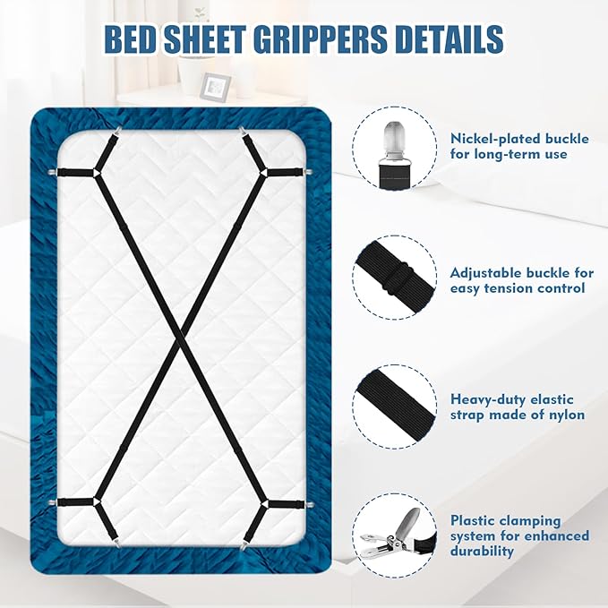 4Pcs Bed Sheet Straps with Metal Clips, Sheet Holders Adjustable Elastic, Bed Sheet Grippers Upgrade for Crib to King Size Bed Keep Sheets in Place(Black)