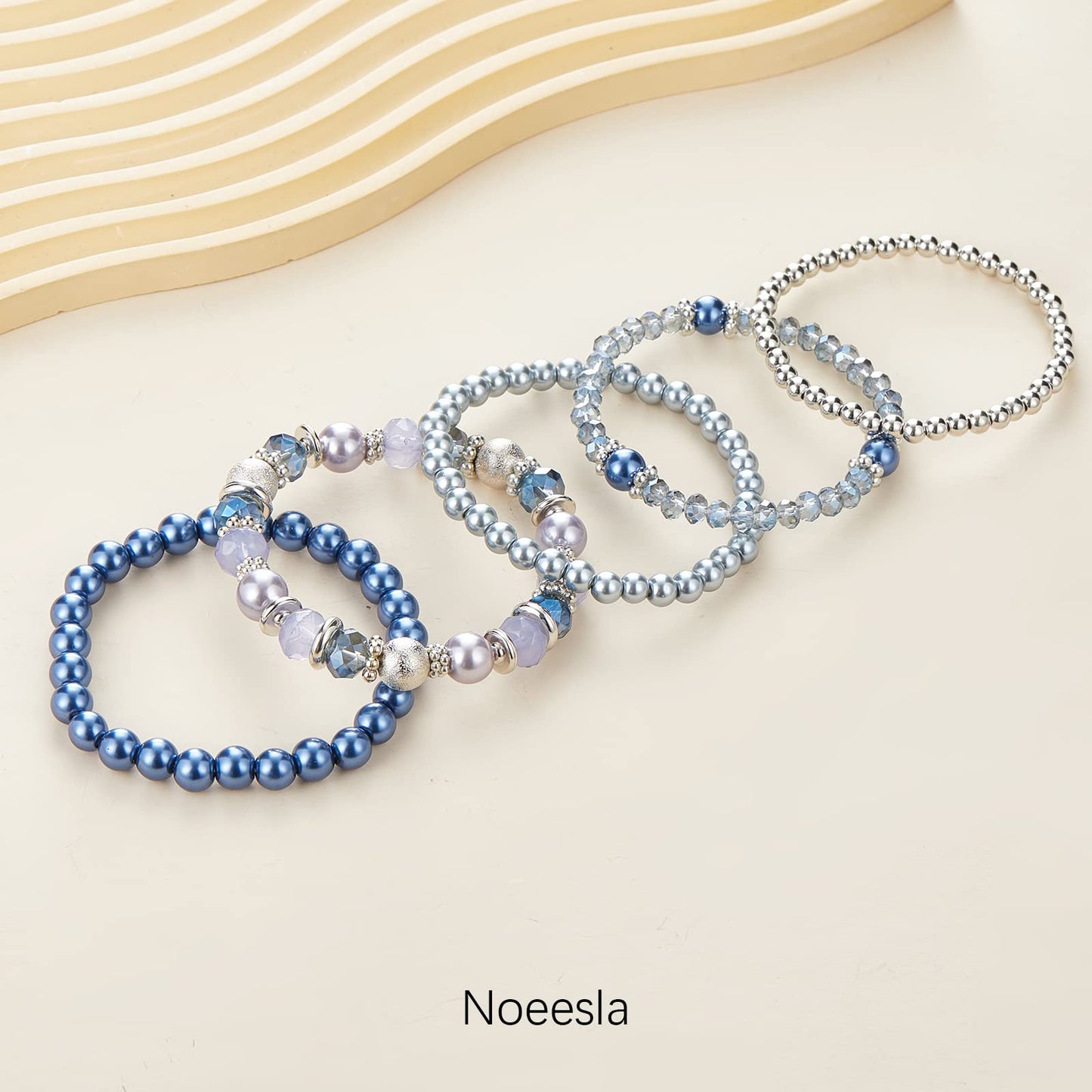 Noessla Beaded Pearl Stretch Bracelet Silver Stackable Crystal Beads Bracelets Trendy Costume Jewelry Mothers Day Gifts for Women(Blue)