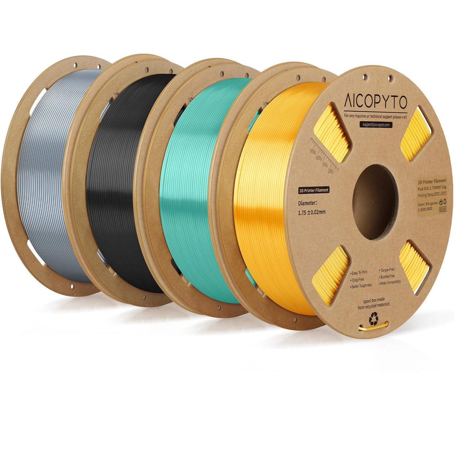AICOPYTO Silk PLA Filament Bundle 1.75mm, 4 Colors 3D Printer Filaments Dimensional Accuracy +/- 0.02mm, 1KG X 4 Spools