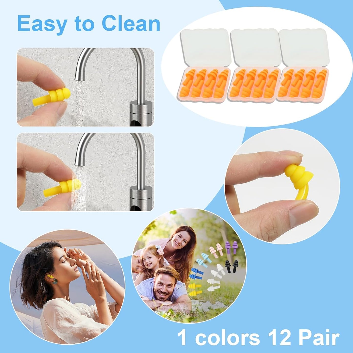 Ear Plugs for Sleeping,12 Pair Earplugs Noise Canceling Soft Silicone Ear Plug Reusable Earplugs for Sleep,Concert,Swimming,Study,Loud Noise,Snoring(Orange)
