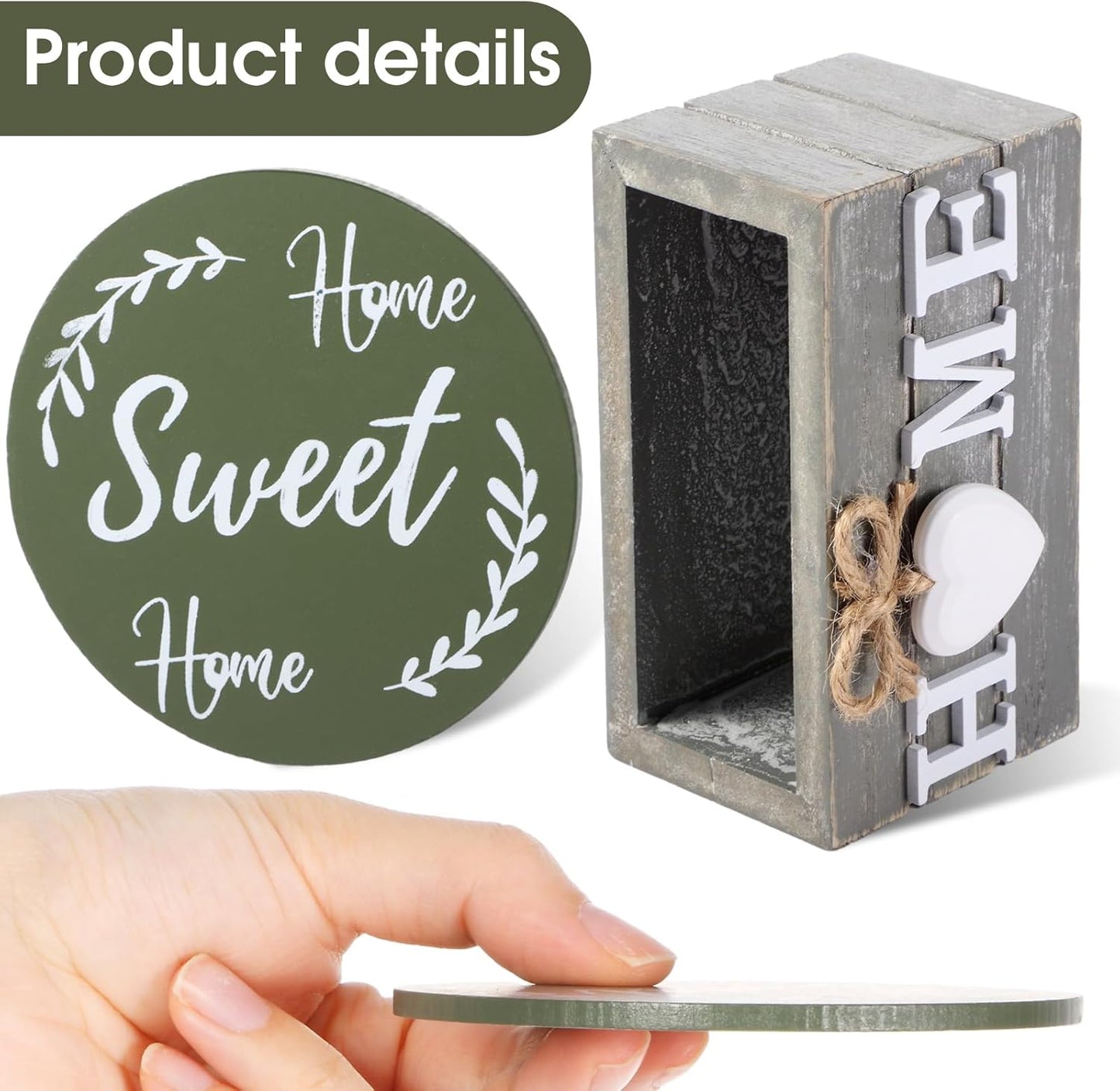 Queekay Housewarming Gifts for Home Decoration Wooden Heart Coasters for Drinks 6 Set Farmhouse Coasters with Holder Funny for Family Coffee Table Protection, 4''(Green)