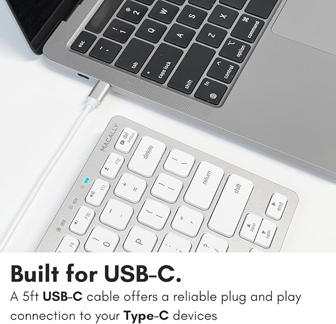 Macally Small USB C Keyboard - Plug & Play Compatible Wired Apple Keyboard for Mac mini, MacBook Pro/Air, iMac, iPad, Windows, Chromebook with USBC Port - Compact & Mini USB Type C - Silver