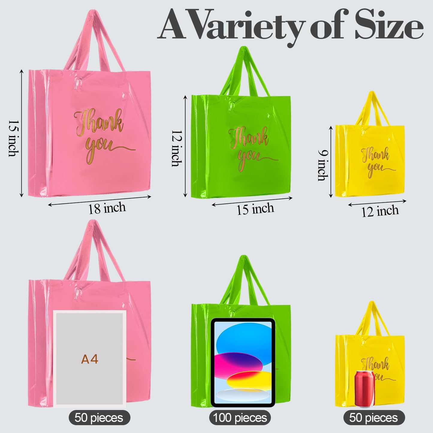 Teling 200 Pcs Thanks Bags with Handle Bulk Thank You Merchandise Bags 3 Size Plastic Packet Retail Shopping Package for Boutique 9 x 12'', 12 x 15'', 15 x 18'' (Pink, Green, Yellow)