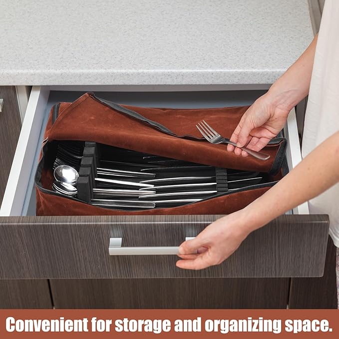 Zippered Flatware Storage Drawer Liner Silverware Storage Bag Tarnish Preventative Silver Organizer Cutlery Case Container Box Large Capacity Silverware Chest 15.75" x 11.02" x 3.94" (Brown)