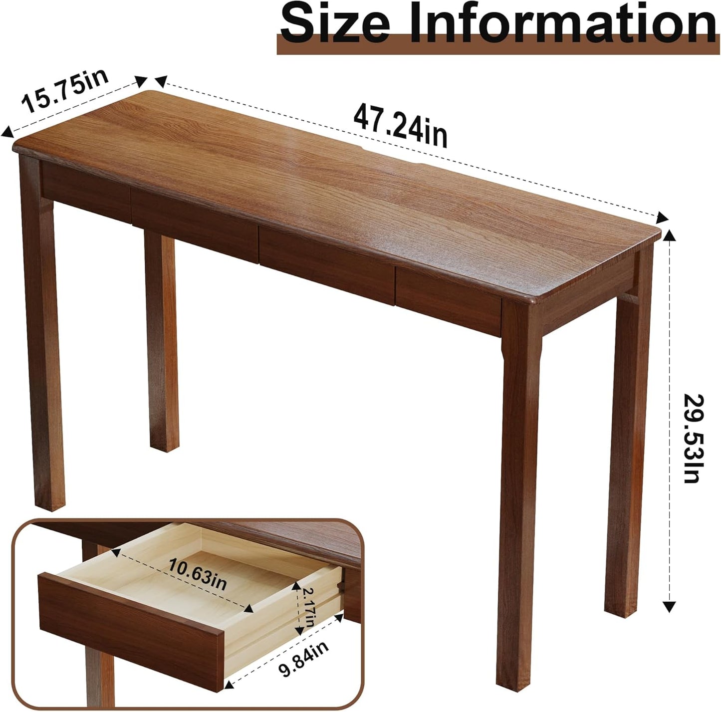 Solid Wood Desk with Drawers - 47 x 16 Inch Vintage Narrow Desks, Mid Century Modern Desks, Rubber Wood Study Table, Small Writing Desk for Bedroom|Small Spaces - Walnut Color