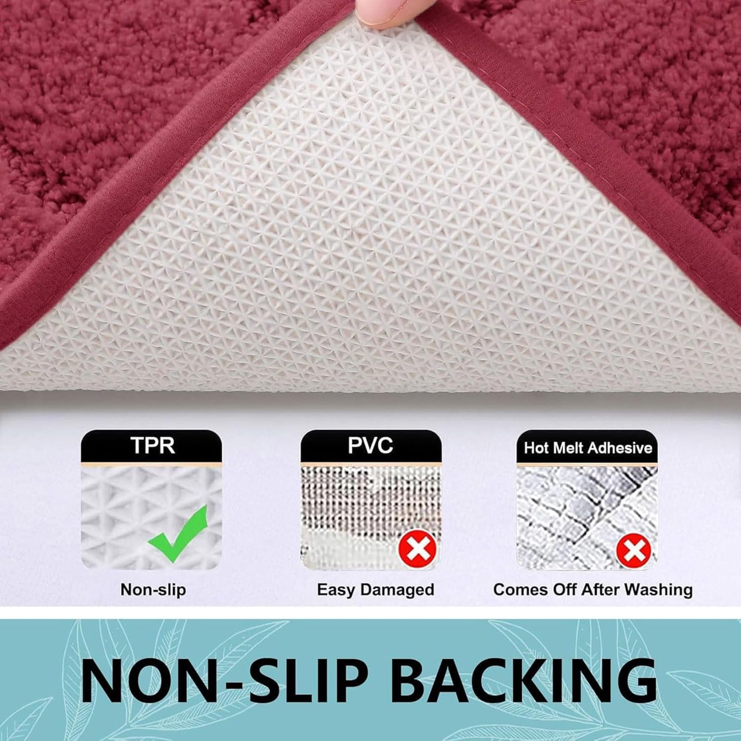 Buganda Bathroom Rugs, 47" x 24", Soft and Absorbent Microfiber Bath Rugs, Non-Slip Shaggy Shower Carpet, Machine Wash Dry Bath Mats for Bathroom Floor, Tub and Shower, Burgundy