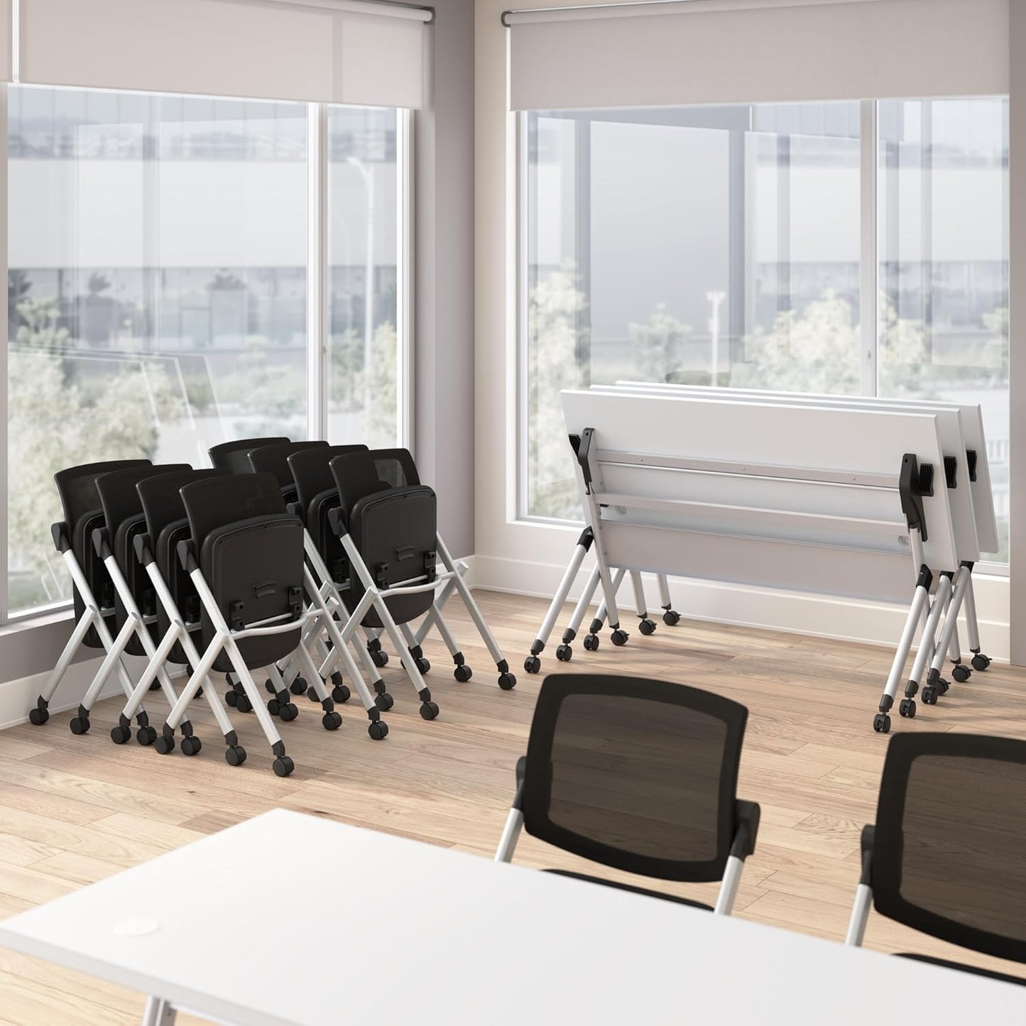 Bush Business Furniture Folding Training Table Set for 2, 72 inch, 2 Mesh Back Folding Chairs, Commercial-Grade Bundle for Office or Classroom, Envision Collection, White