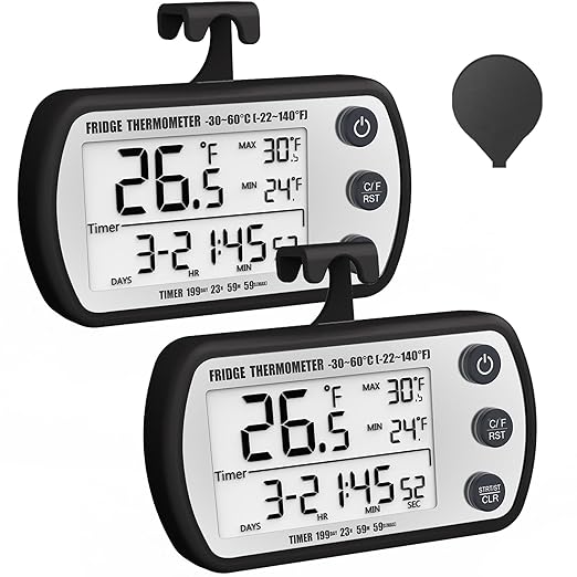 Digital Refrigerator Thermometer 2 Pack, Waterproof Fridge Thermometer, 2.25IN Large Screen Freezer Thermometer, Max/Min Record Function,Timer Function(Black)