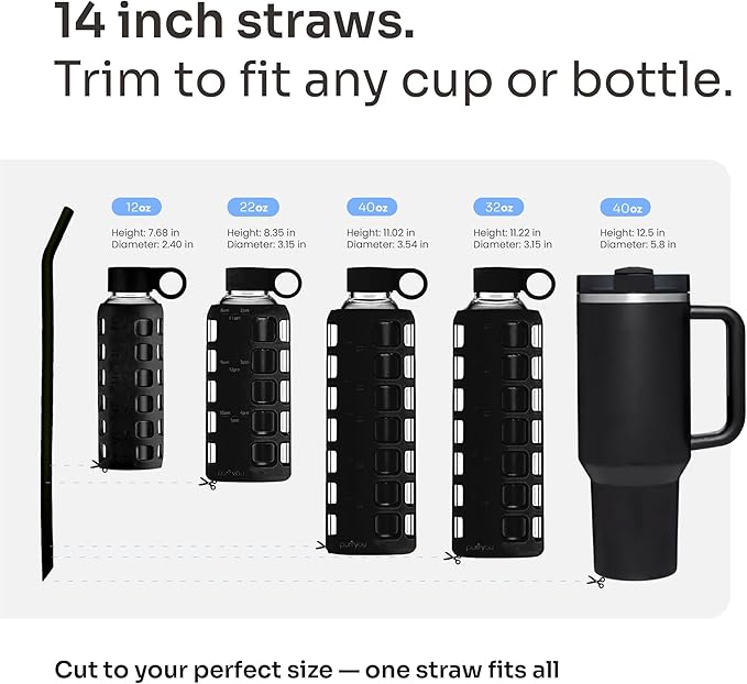 purifyou 14in Platinum Silicone Straws, Extra Long & Wide for 40oz Tumblers from Stanley, Reduce, Yeti & More, Reusable Smoothie Straws with Travel Case & 2 Cleaning Brushes (Set of 8, Black)