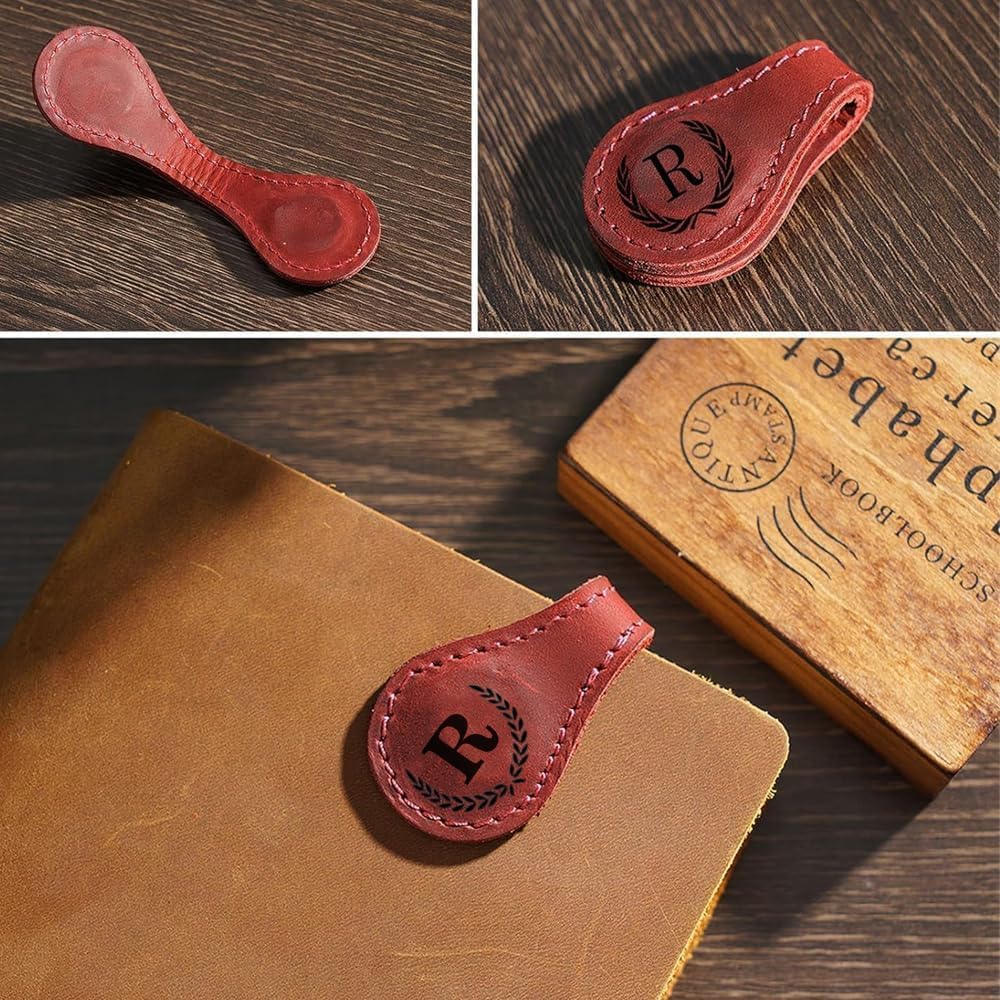Personalized Magnetic Leather Bookmark, 26 Letters Custom Leather Bookmarks, Handmade, Leather Magnetic Bookmark for Book Lovers Readers Women Kid(Red，O）