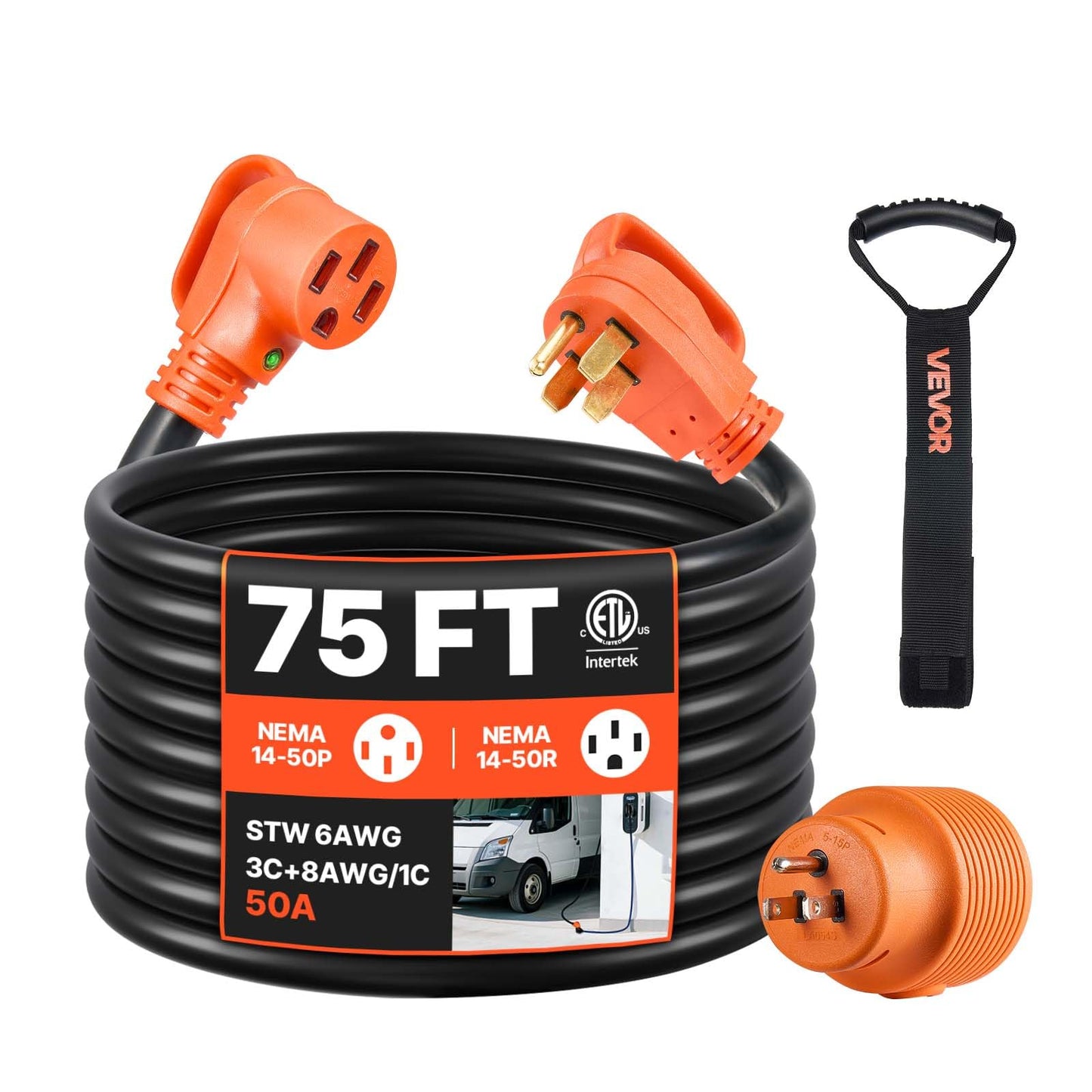 Vevor 75 Ft Rv Extension Cord, 50 Amp, 125V/250V 7500W Heavy Duty Stw 6/3 + 8/1 Gauge Wire, Nema 14-50P Male Nema 14-50R Female