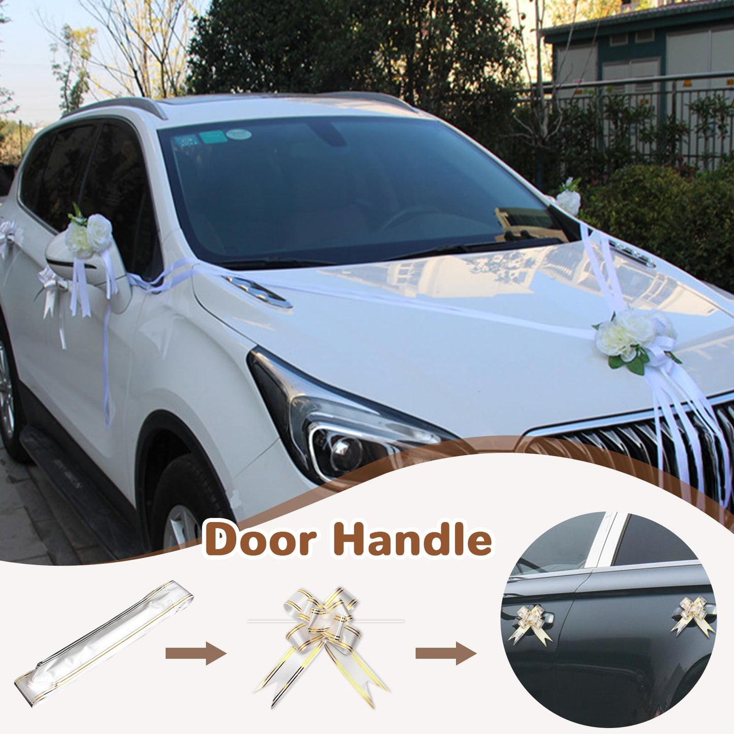 CusDusk White Wedding Car Decoration Kit – Floral Hood Arrangement, Side Mirror Flowers, Satin Ribbons & Door Handle Bows Tapes for Bridal Weddings Vehicles