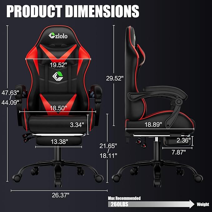 Gaming Chair with Footrest Racing Style Lumbar Support Massager Video Game Chair with Metal Legs, High Back Reclining Gamer Chair with Headrest, 360° Swivel Office Computer Desk Chair (Red)