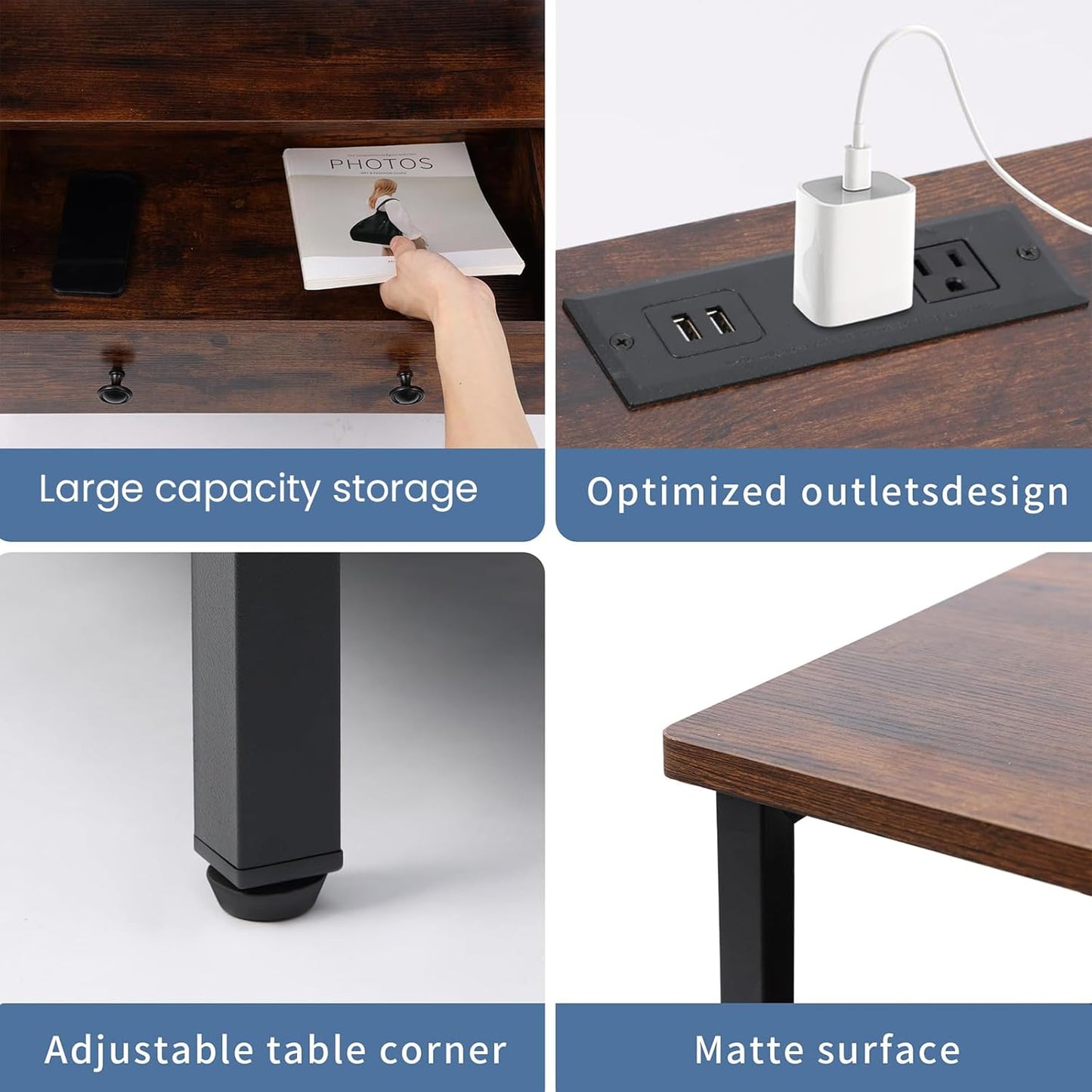 3 Wooden Drawers Nightstand, 27 Inch Wide Night Stand Set 2 with Charging Station and Adjustable Drawers, Bedside Table for Living Room/Bedroom/Office, Retro Brown.