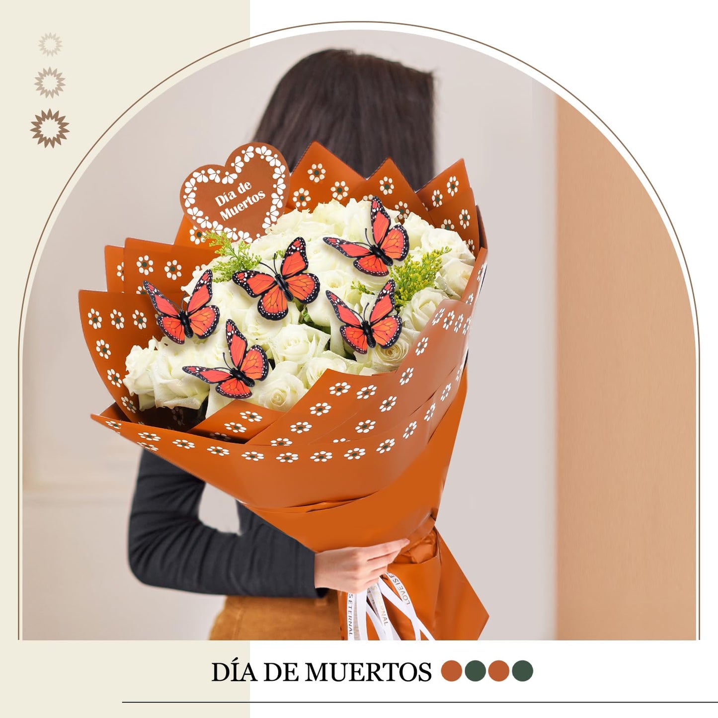 Fullhawl 20 Sheet Mexican Bouquet Floral Wrapping Paper with 10 Monarch Butterflies Waterproof Wrap for Mother's Day Wedding Birthday Baby Shower & Cinco de Mayo Party Gift Flower DIY Packaging