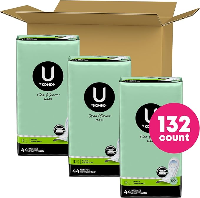 U by Kotex Clean & Secure Maxi Pads, Heavy Absorbency, 132 Count (3 Packs of 44) (Packaging May Vary)