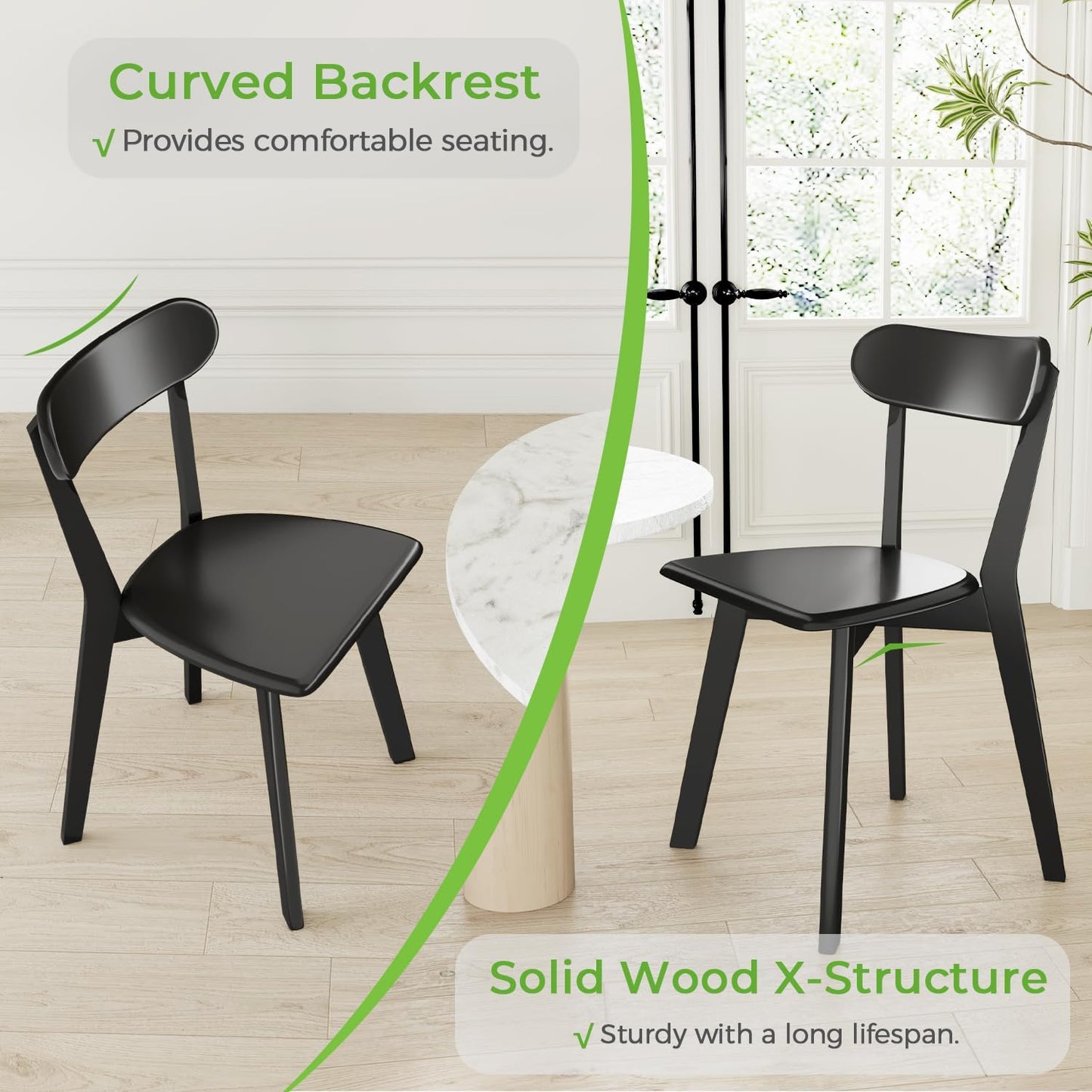 DELAVIN Oak Wood Dining Chairs Set of 4, Mid Century Modern Kitchen Chairs, Farmhouse Dining Room Chairs, Black