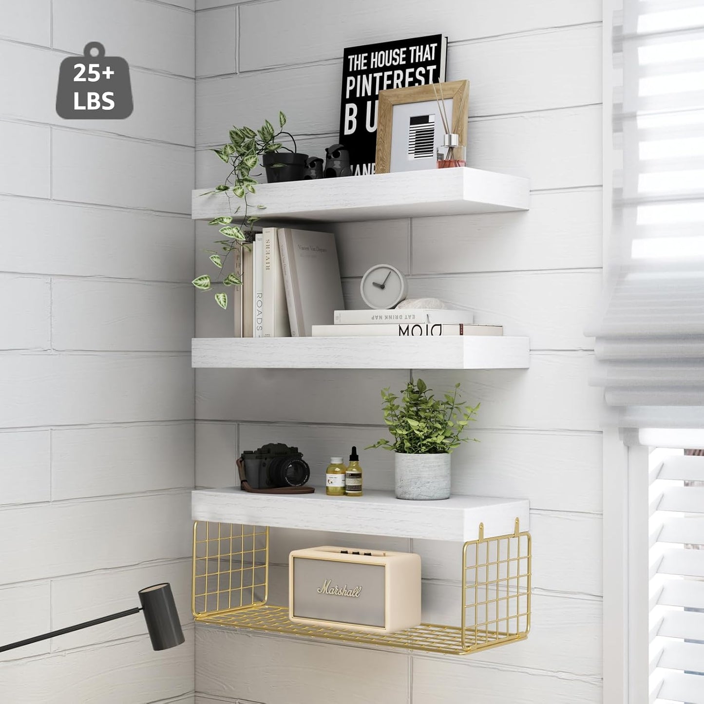 QEEIG Bathroom Shelves Over Toilet - Wall Mounted Floating Shelves Toilet Paper Storage Small Modern Decor Shelf 16 inch Set of 3, White and Gold (019-WG3)