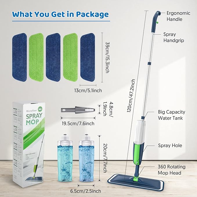 Spray Wet Mops for Hardwood Floor Cleaning: MEXERRIS Hard Wood Floor Flat Mop with Sprayer 5 Microfiber Washable Pads 2 Bottles - Dust Dry Mops Home Commercial Use for Laminate Vinyl Tiles Ceramic
