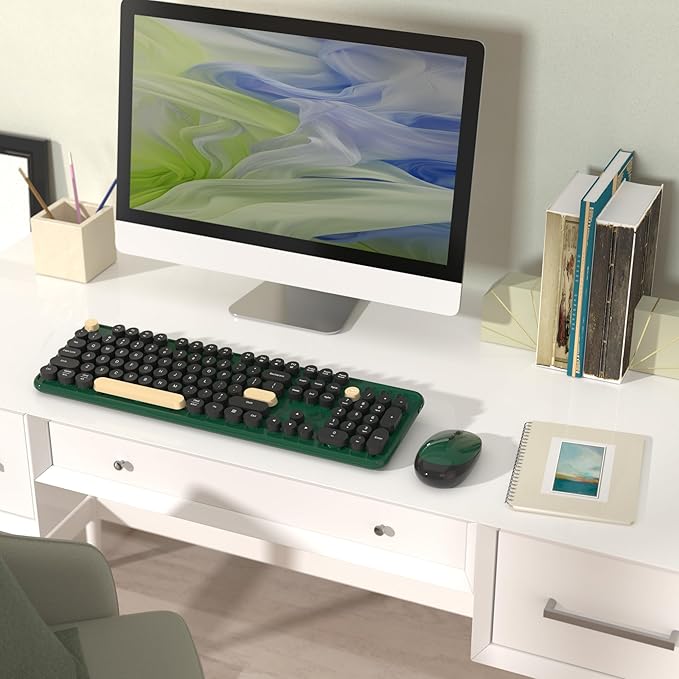 Colorful Wireless Computer Keyboards Mouse Combos, Cute Retro Typewriter Keyboard with Round Keycaps, 2.4 GHz 104 Keys Full-Sized USB/Type C Receiver Keyboard and Optical Mouse（Dark Green）