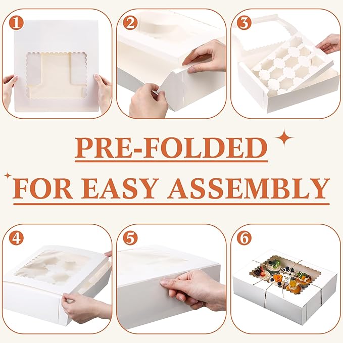 36 Pack Cupcake Boxes Hold 12 Count Christmas Disposable Cupcake Containers with Window and Cake Carrier with Thanks Card and Jute Rope to Muffins Cupcakes Cookies Gift Wrapping(White)