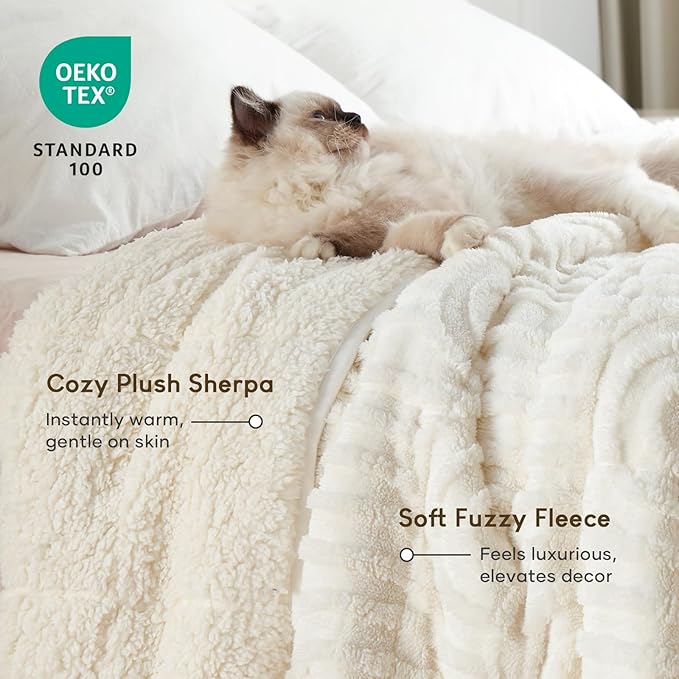 Cottonblue Jacquard Weighted Blanket for Adults 20 lbs Queen Size, Soft Fluffy Sherpa Fleece Weighted Throw Blankets 60" x 80" for Sleep Relax, Fuzzy Warm Arch Heavy Blanket for Bed Couch, Cream White