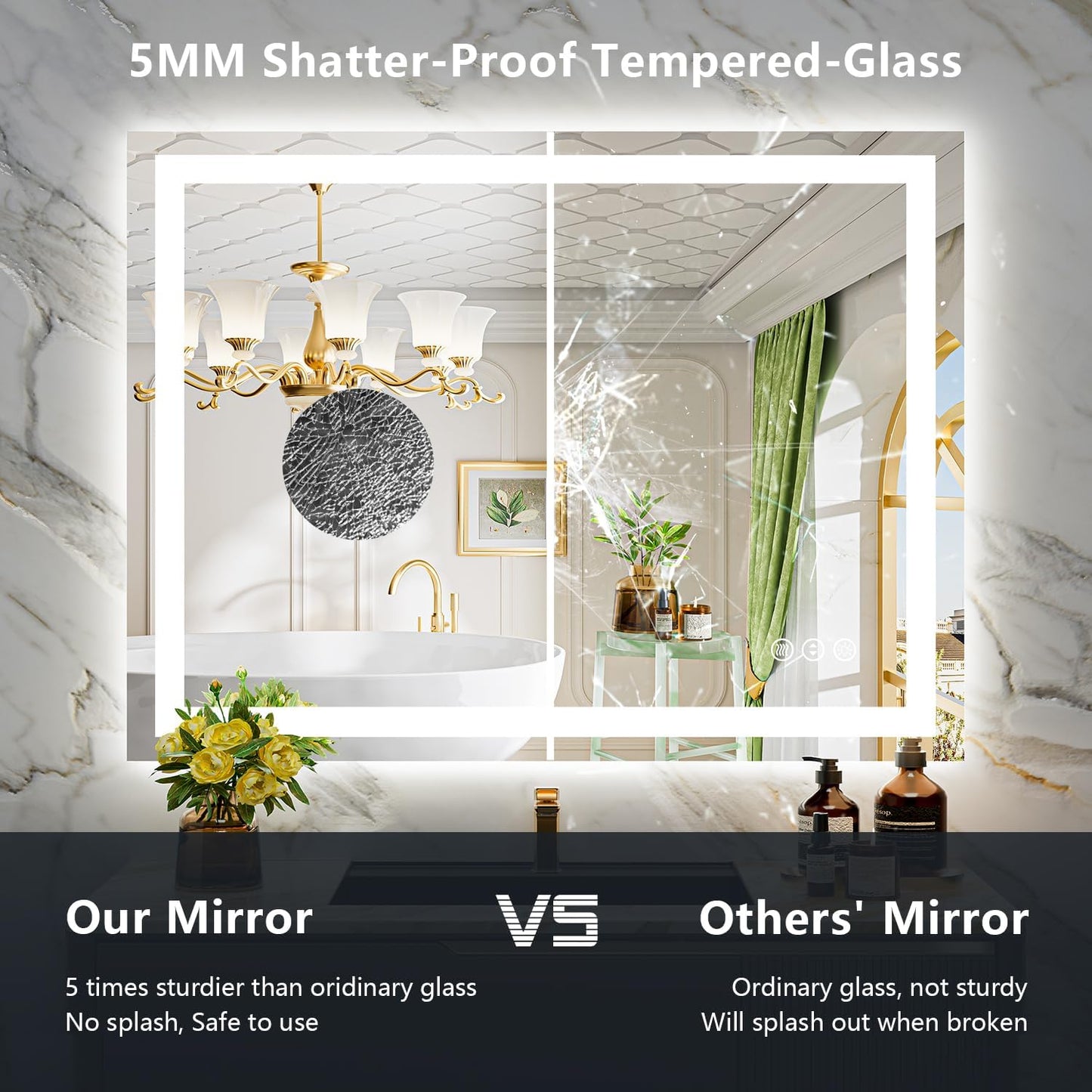 50x36 Inch LED Bathroom Mirror with Lights Front and Backlit Lighted Vanity Mirror for Bathroom Wall with 3 Colors Dimmable Anti-Fog Memory Shatter-Proof IP54 Waterproof Horizontal/Vertical