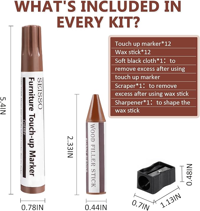 NEW Upgraded Furniture Repair Kit Wood Markers-Set of 24-Markers and Wax Sticks with Sharpener and black cloth Kit, Restore Nail Holes on Wood Furniture, Wood Marker Pens for Scratches, Molding Repair