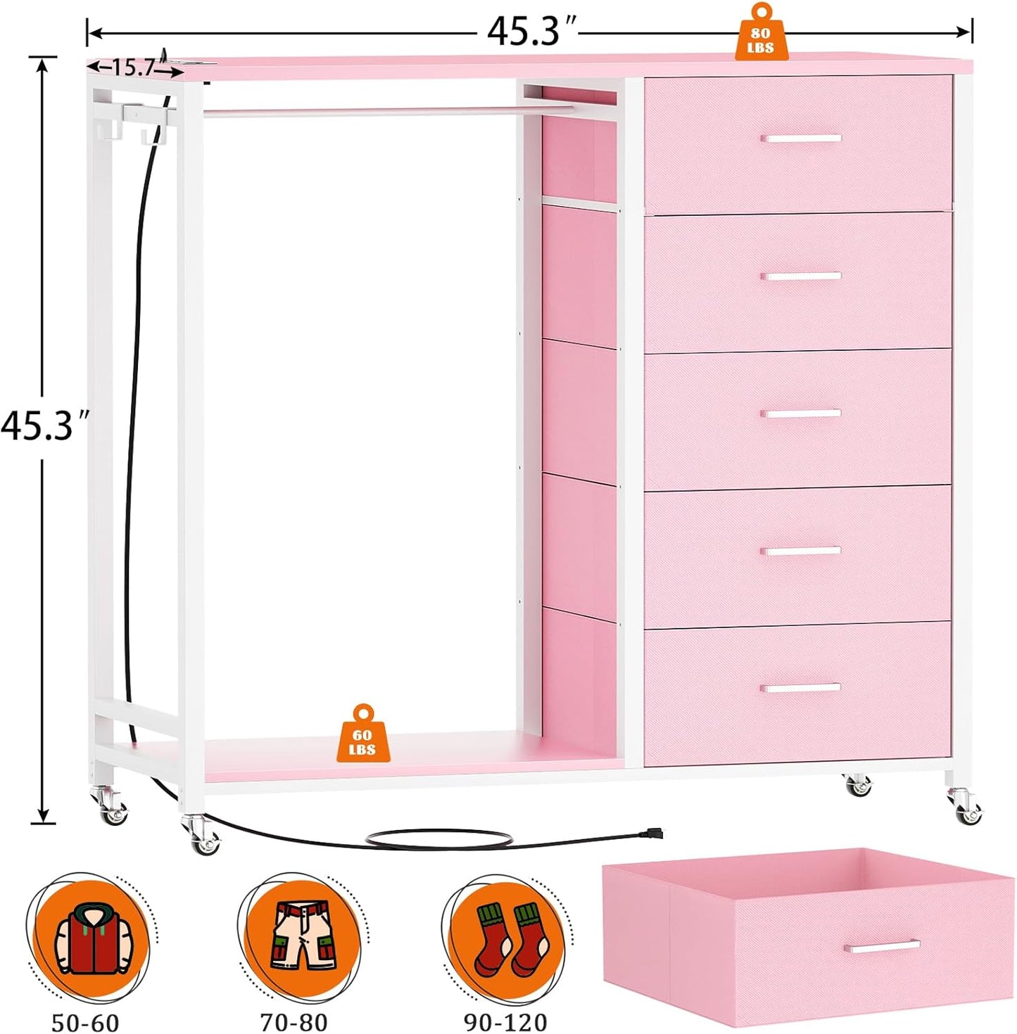 Cyclysio Dresser for Bedroom with Clothes Rack, 5 Fabric Drawers Dresser with Charging Station & LED Lights, Pink Storage Chest of Drawers with Wheels, Wooden Top, Lockable Wheels, Closet, Pink