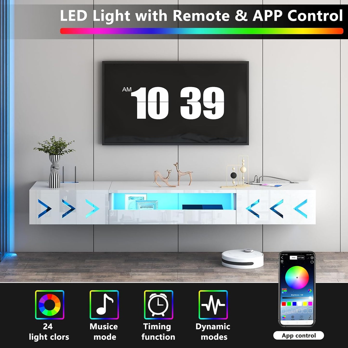 Floating TV Stand, 71" Floating Entertainment Center Wall Mounted,Floating Wall Mounted TV Shelf with Led Lights and Power Outlet,Modern High Gloss tv Cabinet Media Console with Storage