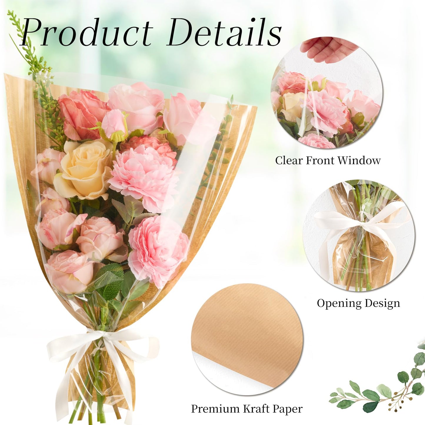 CLUEWR 50 PCS Flower Bags for Bouquets, Floral Wrapping Sleeves with Ribbons Florist Wrap Supplies, 15.7 x 13.7 Inches