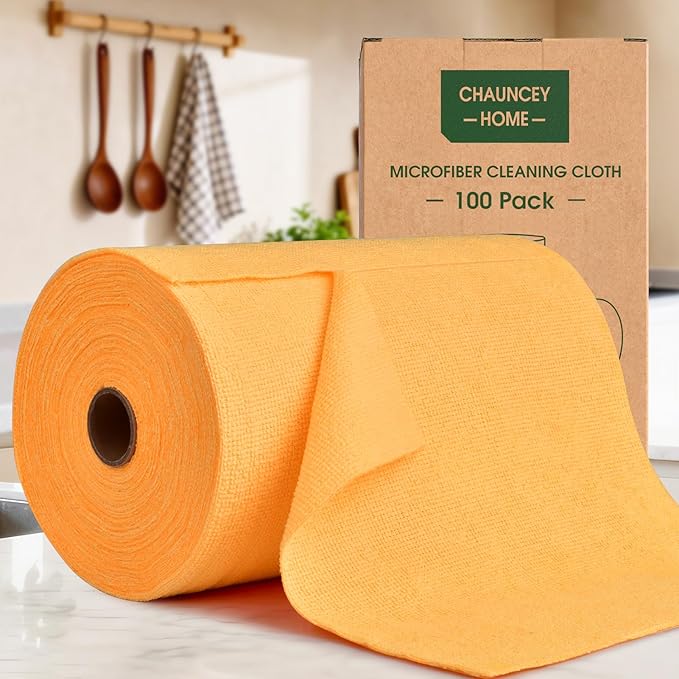 Microfiber Cleaning Cloth Roll–100 Pack, Tear Away Microfiber Towels, Reusable, Washable, Scratch-Free, Kitchen Towels for Car, Home, Kitchen, Glass, Dishes(Tangerine Yellow)