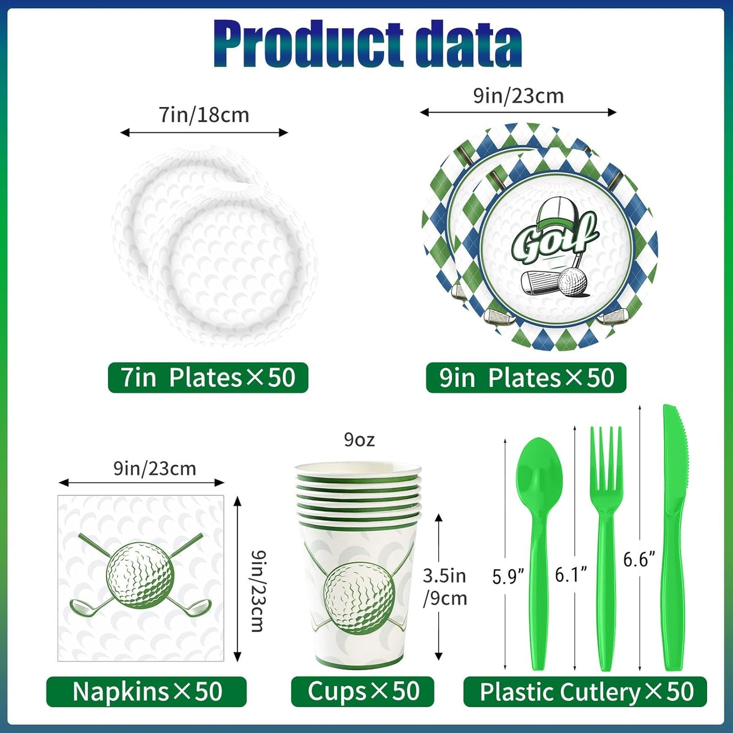 Golf Party Decorations Set for 50 Guests, 350 Pieces, Plates, Cups, Napkins, Cutlery, Green and White