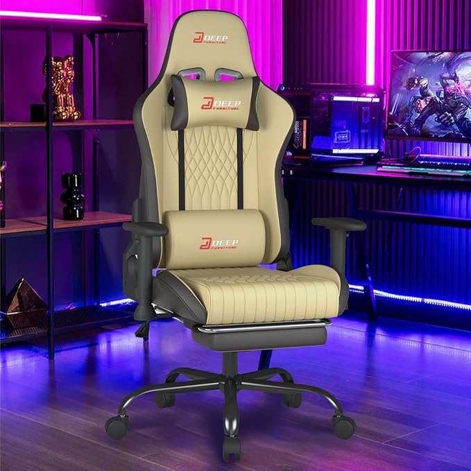 Video Game Chair with Footrest Ergonomic Comfortable Gaming Office Chair Height-Adjustable with a 360° Swivel Base and Headrest(1002-Beige)