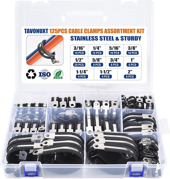 125PCS Cable Clamps Assortment Kit, 9 Sizes (3/16" to 2") Stainless Steel Rubber-Coated Cushioned Clamps, Insulated Pipe & Wire Holder for Automotive, Fuel Line, Hose, Tube