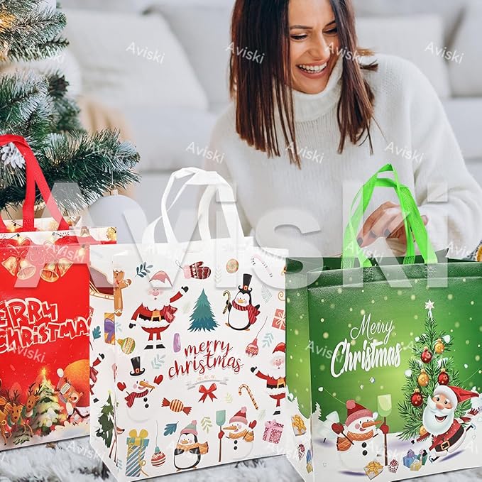 16PCS Christmas Gift Tote Treat Bags with Handles, Multifunctional Non-Woven Bags for Gifts Wrapping Shopping, Xmas Party Supplies, 15×13.8×5.9inch
