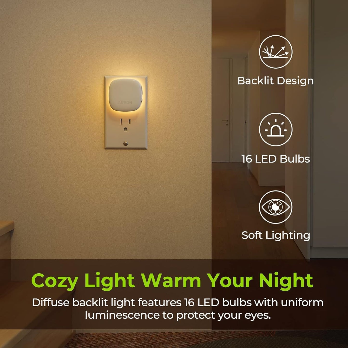 AUVON Plug-in LED Backlit Night Light with Motion Sensor & Dusk to Dawn Sensor, Dimmable Warm White Nightlight with 1-50 lm Adjustable Brightness for Bedroom, Bathroom, Stairs, Hallway (4 Pack)