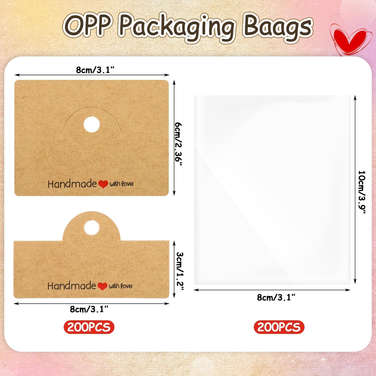 Janlaugh 200 Pcs Jewelry Package Bags Jewelry Display Bags for Small Business Brown Display Clear Pouch for Selling, Small Craft Packaging Set for Bracelets, Key Chains, Earring, 3.15 x 4 Inches