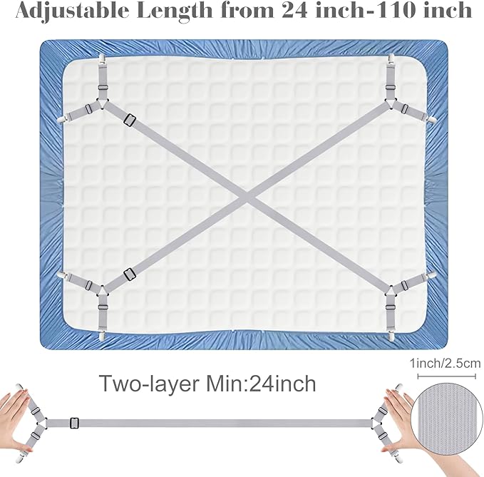 Morcheiong Bed Sheet Fasteners Straps - 4 Pack Adjustable Bed Sheet Holder Strap for Bedding Stays Bedsheet Tie Downs - Grey