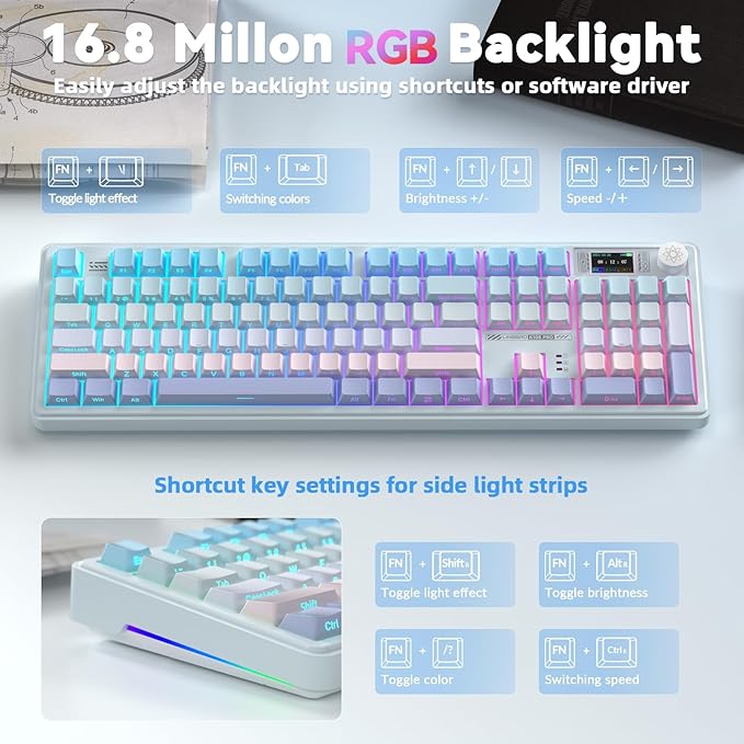 LINGBAO K108 Pro Wireless Mechanical Keyboard with Screen & Knob, Full Size Creamy Keyboard with Number Pad, 10000mAh Battery, PBT Keycaps, RGB Backlit, Hot-swappable Gaming Keyboards