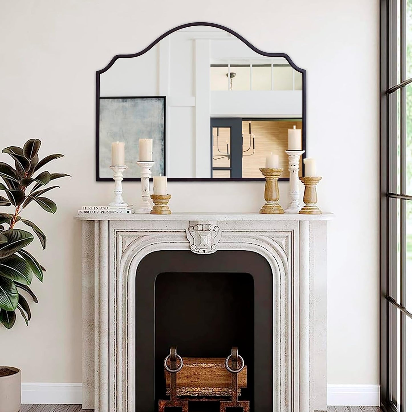 Chende Black Arched Mirror, 36'' x 24'' Decorative Wall Mirror with Wooden Frame, Modern Scalloped Mirror for Entryway, Living Room, Fireplace
