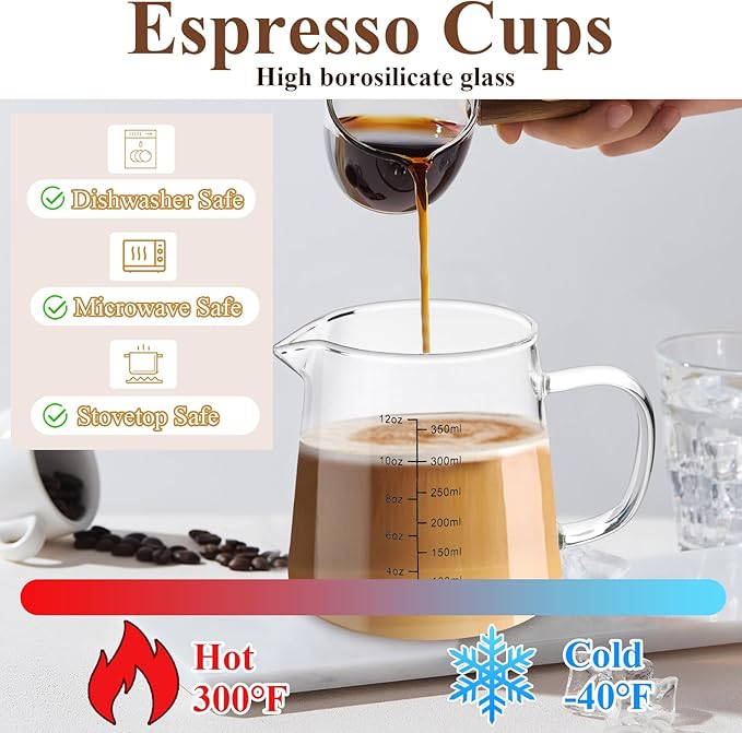 4 Pack 12oz Coffee Measuring Glass Cups, Heat Resistant Espresso Shot Pitcher Glass Cup, Microwave & Dishwasher Safe Milk Frothing Pitcher Creamer Container