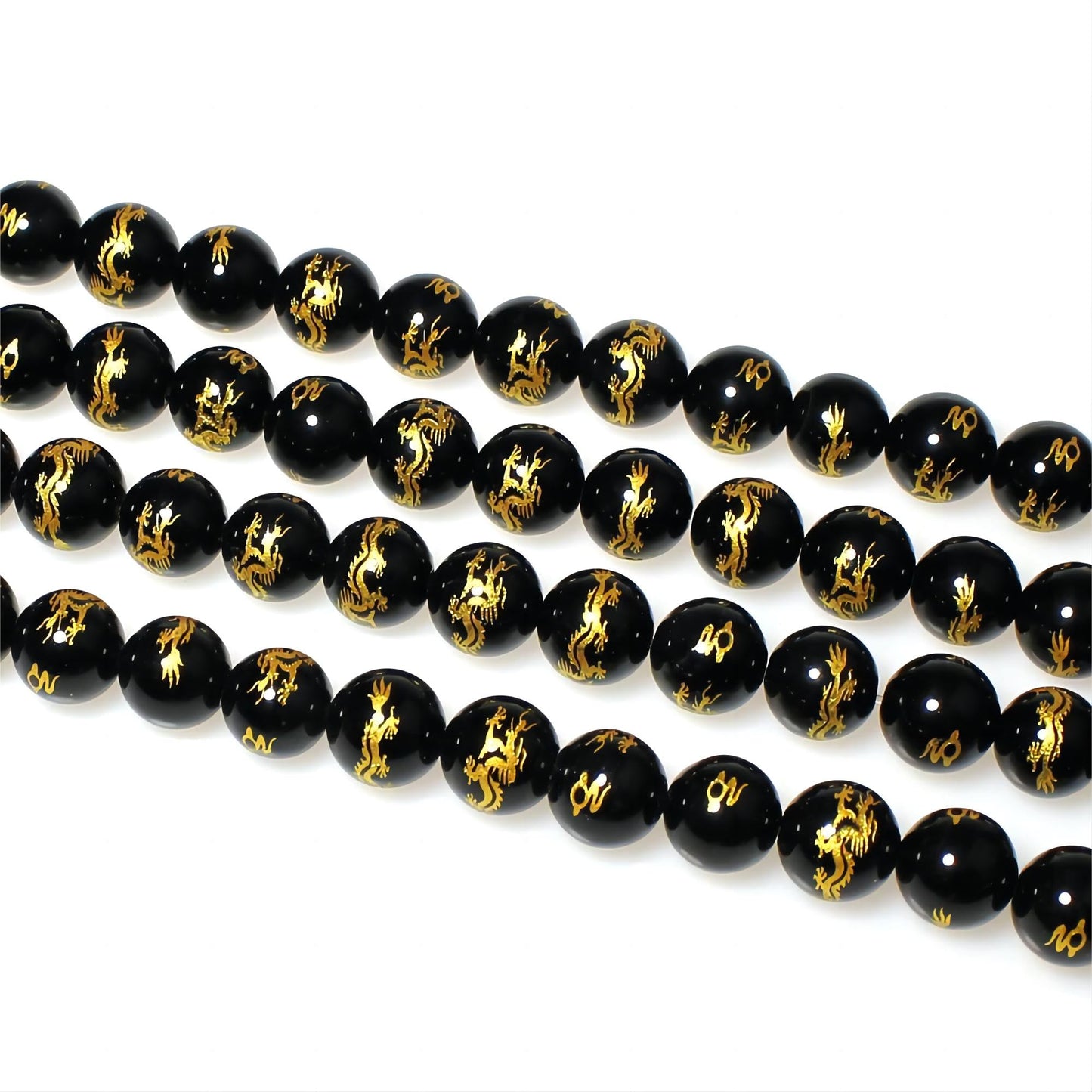 MJDCB Natural Stone Beads 8mm 43pcs Round Black Onyx Carved Dragon Loose Gemstone Bead Charms for Jewelry Making Bracelet Necklace Earring Pendant