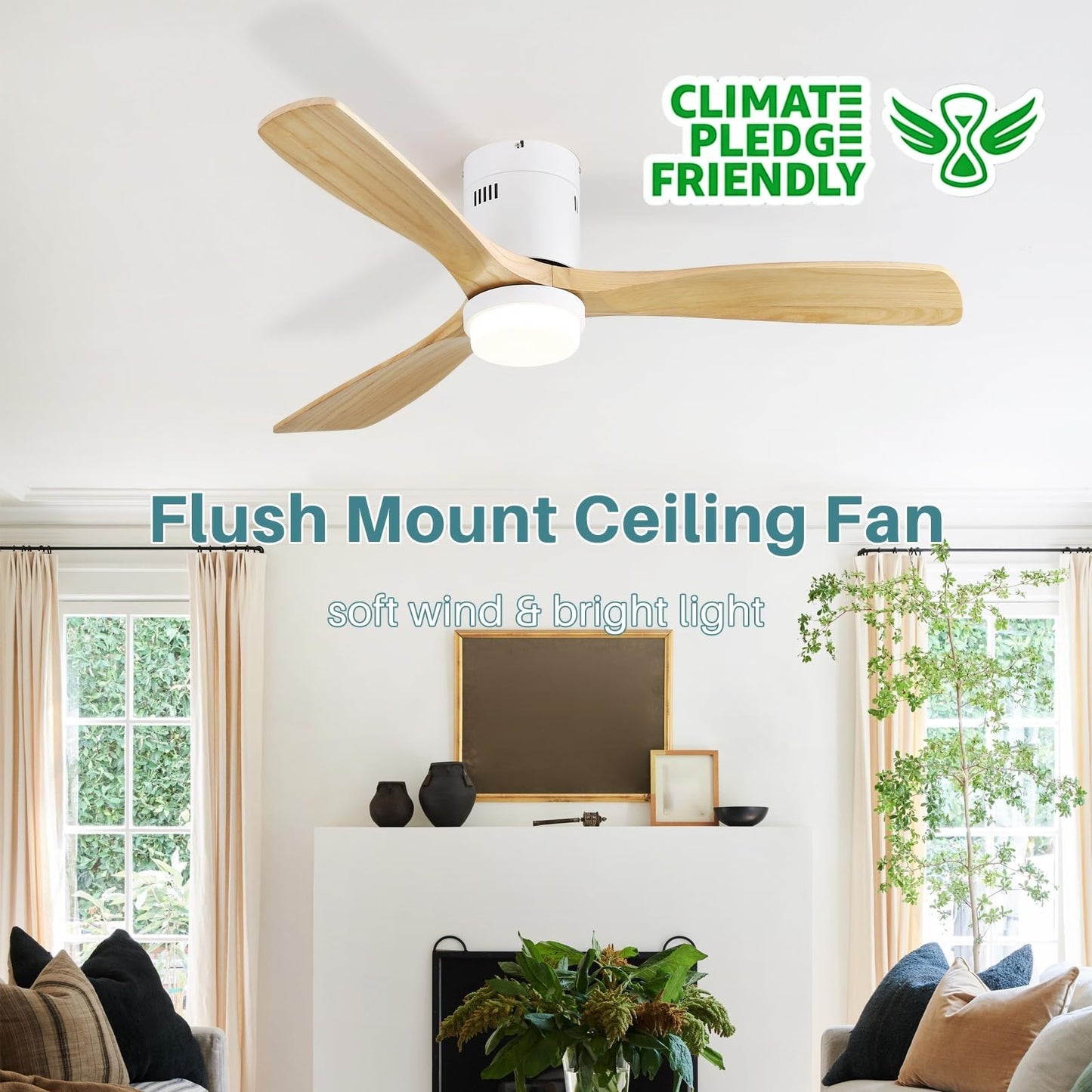 Sofucor Ceiling Fan With Lights-52 Inch Flush Mount Ceiling Fan With Light And Remote Control, Low Profile Wood Blades Modern Ou