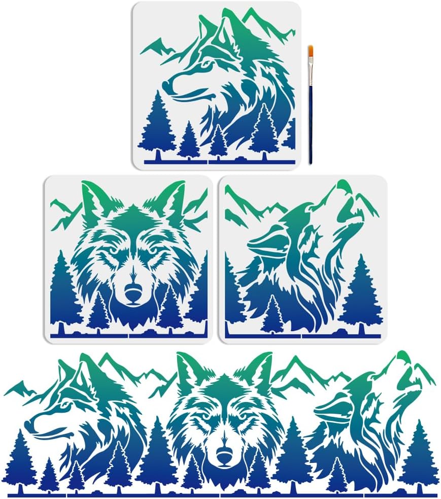 MAYJOYDIY Wolf Mountain Forest Stencils, 33x10 inch, 3 Piece Set with Paint Brush, Drawing Template for Wall Craft