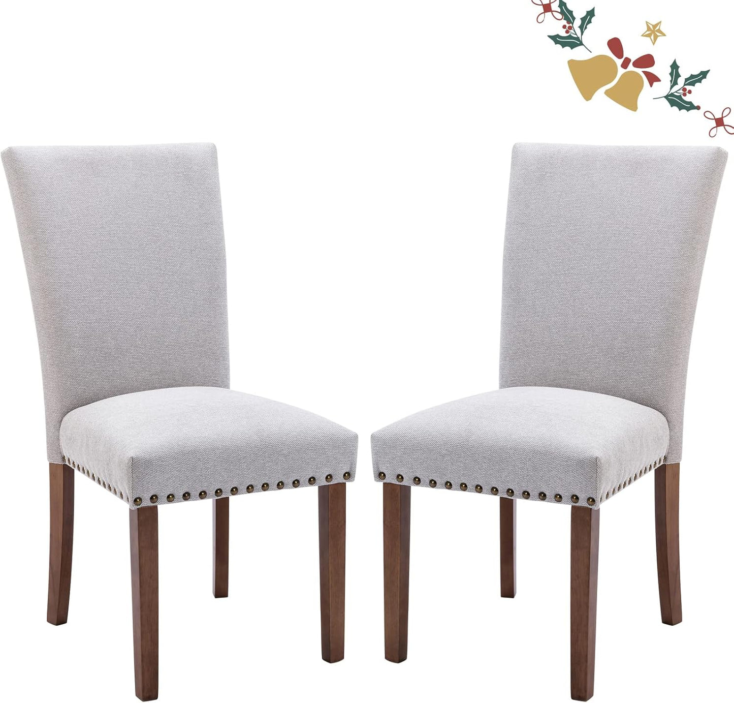 Parsons Dining Chairs Set of 2, Upholstered Nailhead Dining Room Kitchen Side Chair with Thick Cushions and Wood Legs, Light Grey