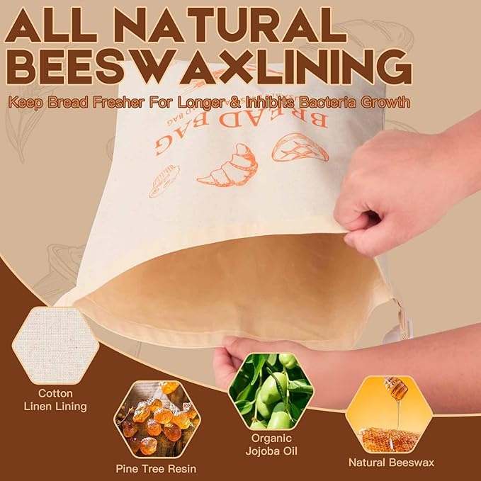 2-Pack Reusable Beeswax Bread Bags for Homemade Bread & Sourdough,100% Linen Waxed Bags Keeps Fresh Longer,XL Eco-Friendly Fresh Food Storage,Freezer Safe