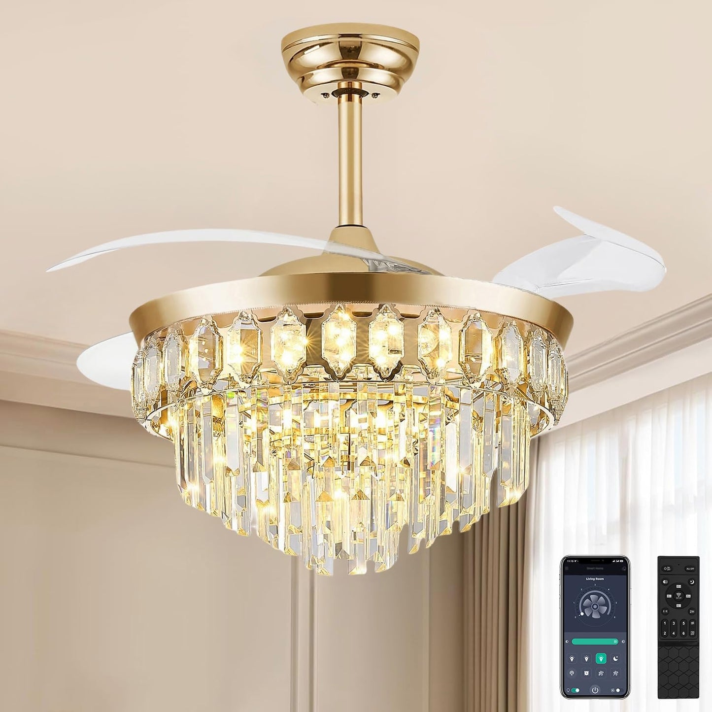 FIDGRA 42   Fandelier Ceiling Fan with Light, Chandelier Fan Retractable Ceiling Fan for Bedroom, Living Room, LED Dimmable, 3
