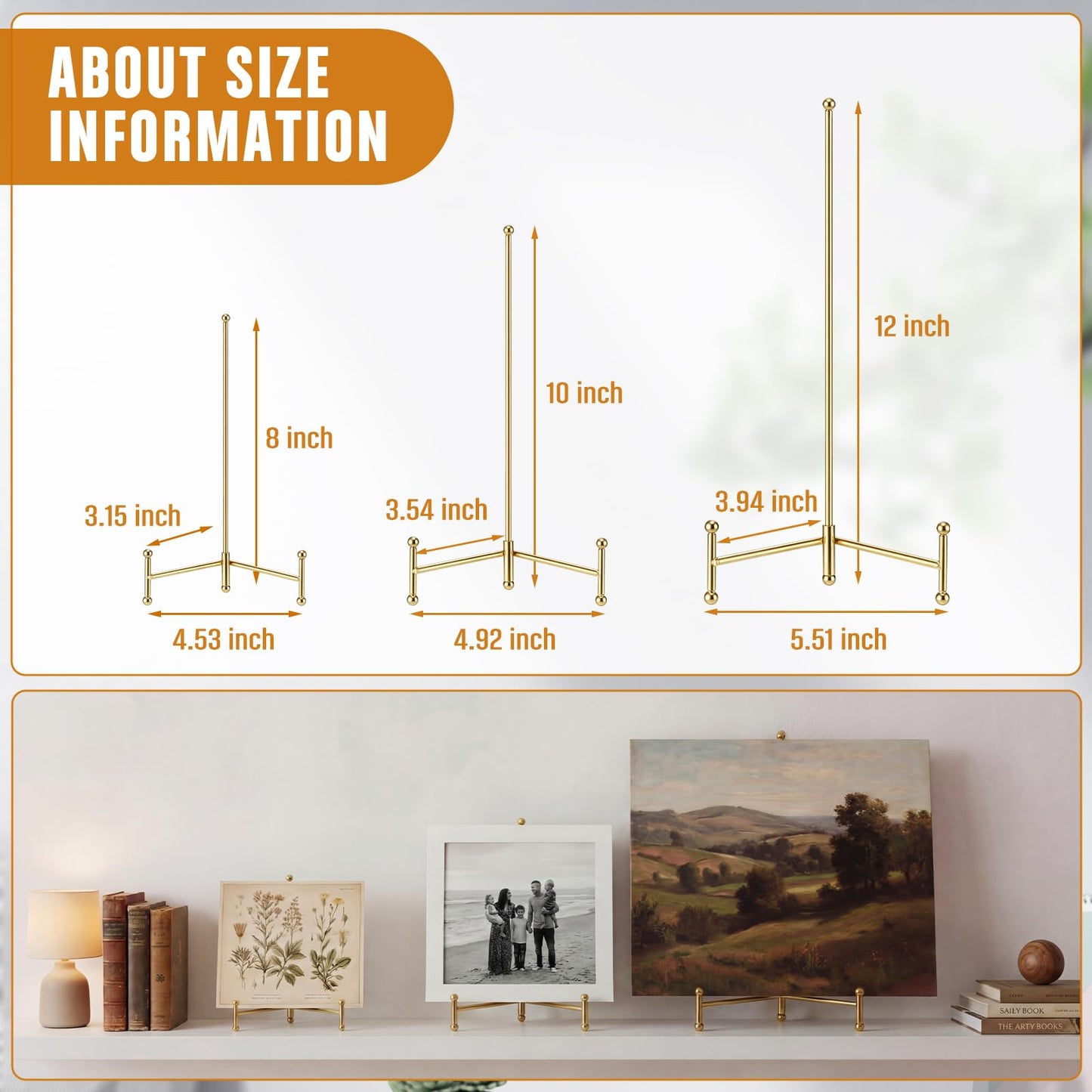 Gerrii 3 Pcs 12 10 8 Inch Gold Easel Stand Picture Frame Stands for Display Metal Tripod Easel Plate Display Stands Photo Standing Metal Holder for Picture, Book, Photo, Creation, Collectibles