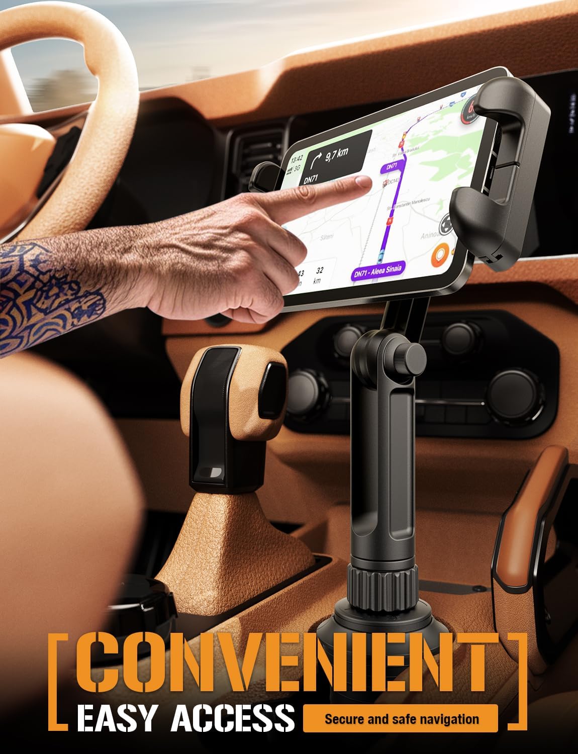 ToughTested Boom Cup Holder Tablet Mount – Heavy-Duty iPad & GPS Car Mount for Cup Holder – 360° Rotating Arm, Fits Tablets Up to 13", Anti-Vibration, Universal for Trucks, SUVs, Vans & Cars